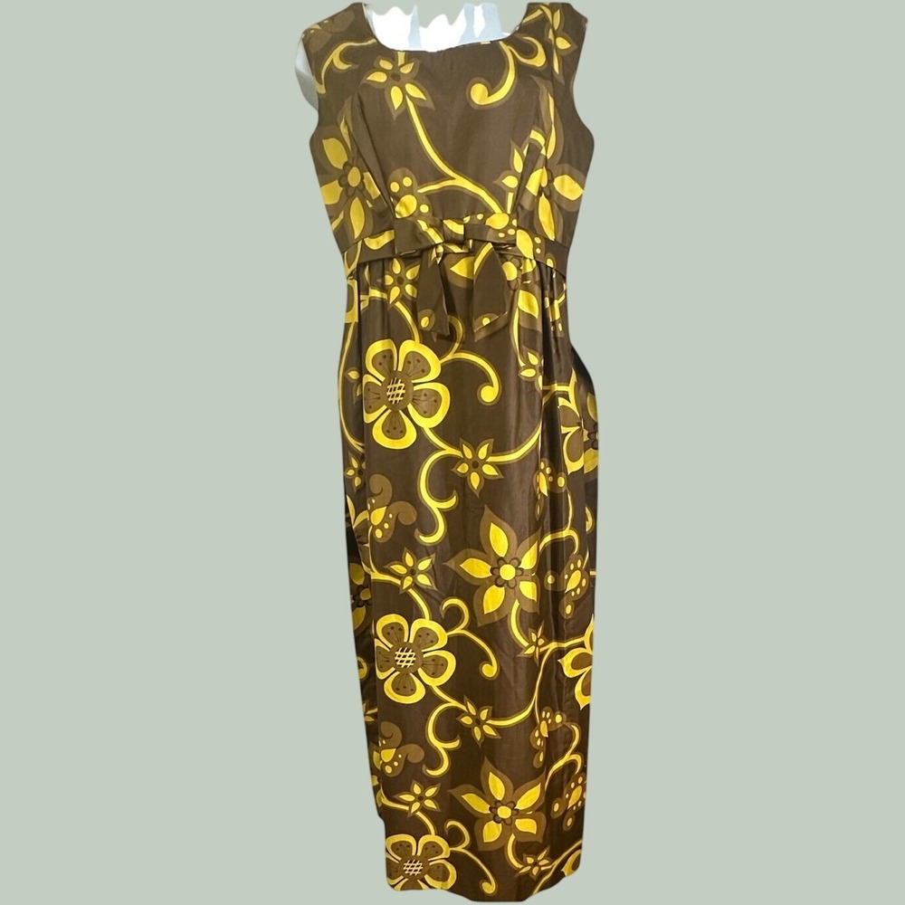 Vintage Mildred's of Hawaii Maxi Dress Brown Yellow Floral Empire Waist Size SM
